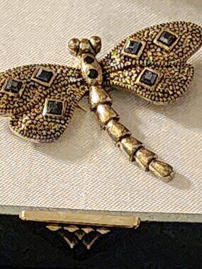 Worthington Dragonfly Brooch Black Stone Gold Tone Pin Box